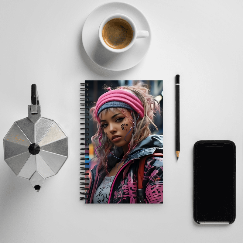 MeaKulpa Future Girl Spiral Notepad in the Creative Zone In this captivating tableau, the MeaKulpa Future Girl Spiral Notepad takes center stage, surrounded by the essentials of a creative sanctuary. An espresso cup, meticulously placed pencil, contemporary smartphone, and sleek coffee maker frame the notepad, creating a scene that speaks to the convergence of art and technology.