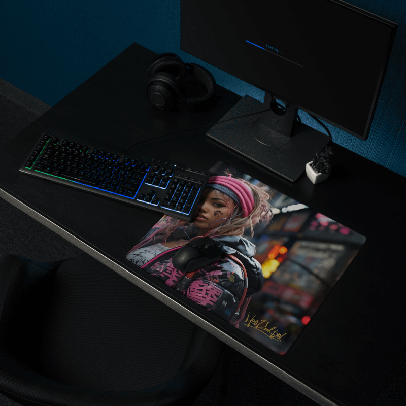 Experience the seamless integration of art and gaming passion in the fifth image. A lifestyle shot captures the "Future Girl" Gaming Mouse Pad as an essential part of the gamer's toolkit, where artistry meets precision in every move