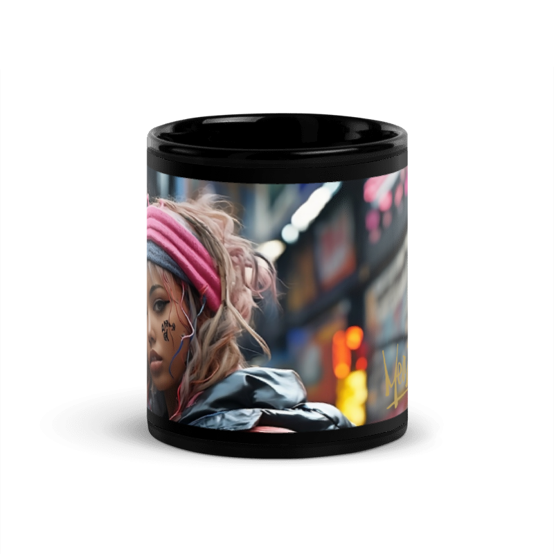 The MeaKulpa Future Girl Gold Logo Black Glossy Mug transcends the ordinary. Let each sip be a journey into the future, where art meets functionality in a vessel that reflects your unique taste.