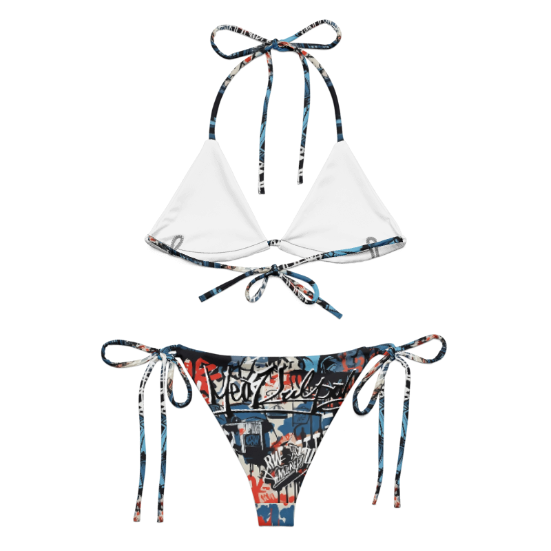String Bikini Set Laid Out with Accessories - Ready for your summer wardrobe? Lay your eyes on the MeaKulpa Graffiti String Bikini Set! Here it is, accompanied by stylish accessories that complement its vibrant design. Perfect for beach days, pool parties, and everything in between. Stay chic and sustainable with MeaKulpa!