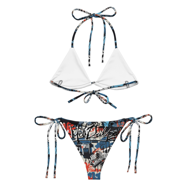 String Bikini Set Laid Out with Accessories  - Ready for your summer wardrobe? Lay your eyes on the MeaKulpa Graffiti String Bikini Set! Here it is, accompanied by stylish accessories that complement its vibrant design. Perfect for beach days, pool parties, and everything in between. Stay chic and sustainable with MeaKulpa!