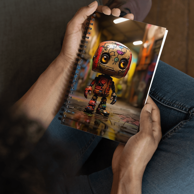 MeaKulpa Bad Bot Spiral Notepad comes to life as it rests in the hands of someone ready to unleash their creativity. The notepad is held with a sense of purpose, showcasing its perfect size for on-the-go ideation. The textured cover, adorned with Bad Bot, adds an element of rebellious style, while the open pages hint at the potential for limitless expression. This photo captures the essence of the MeaKulpa brand – a fusion of individuality, artistry, and the promise of a creative journey in your hands.