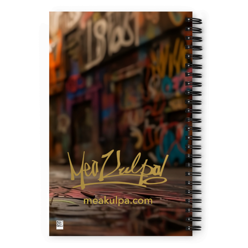 Graffiti Backdrop: MeaKulpa Bad Bot Spiral Notepad Back Cover  In this compelling image, the back cover of the MeaKulpa Bad Bot Spiral Notepad unveils a graffiti-inspired background, delicately blurred to add an urban aesthetic. Amidst the expressive strokes, the gold MeaKulpa OG logo takes center stage, a beacon of distinction. At the bottom, the meakulpa.com URL stands boldly, inviting you to explore the MeaKulpa world.