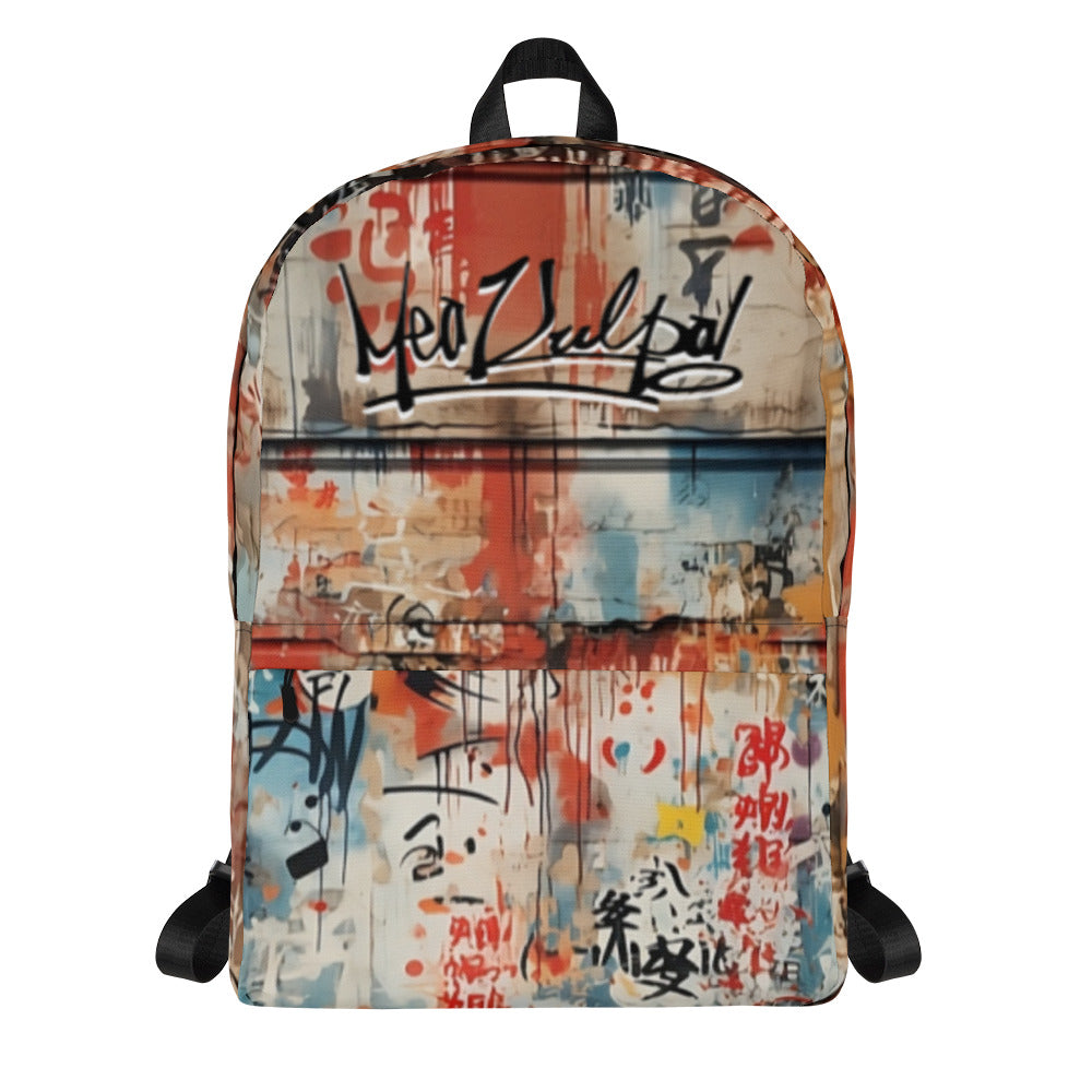 A striking solo shot featuring the MeaKulpa Medium Size Backpack. The graffiti design takes center stage, showcasing the backpack's vibrant personality and street-style allure. It's more than just a bag; it's a statement piece that stands confidently on its own.
