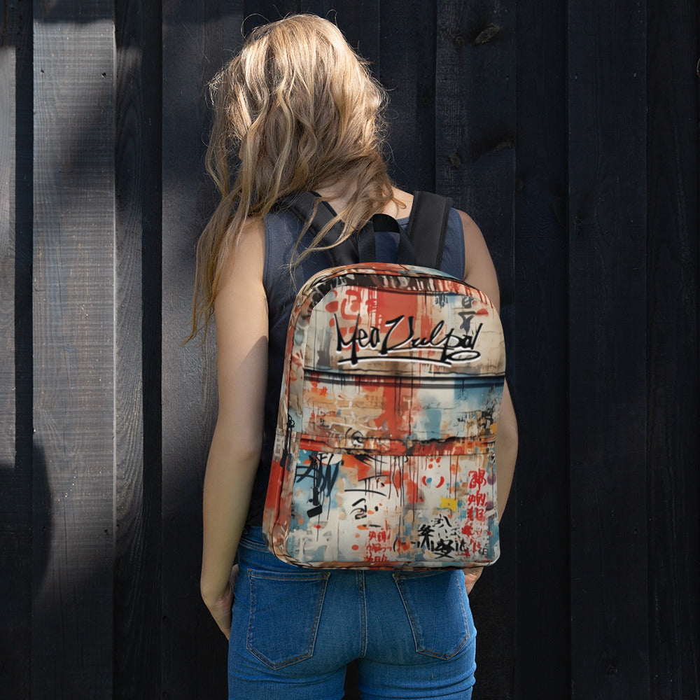 The graffiti design adds an urban edge, complementing the wearer's dynamic lifestyle. The spacious compartments not only accommodate daily essentials but also provide room for a sketch pad and spray cans, reflecting the creativity that accompanies every journey. This image captures the essence of street-style functionality, where fashion meets practicality in the bustling rhythm of daily life.