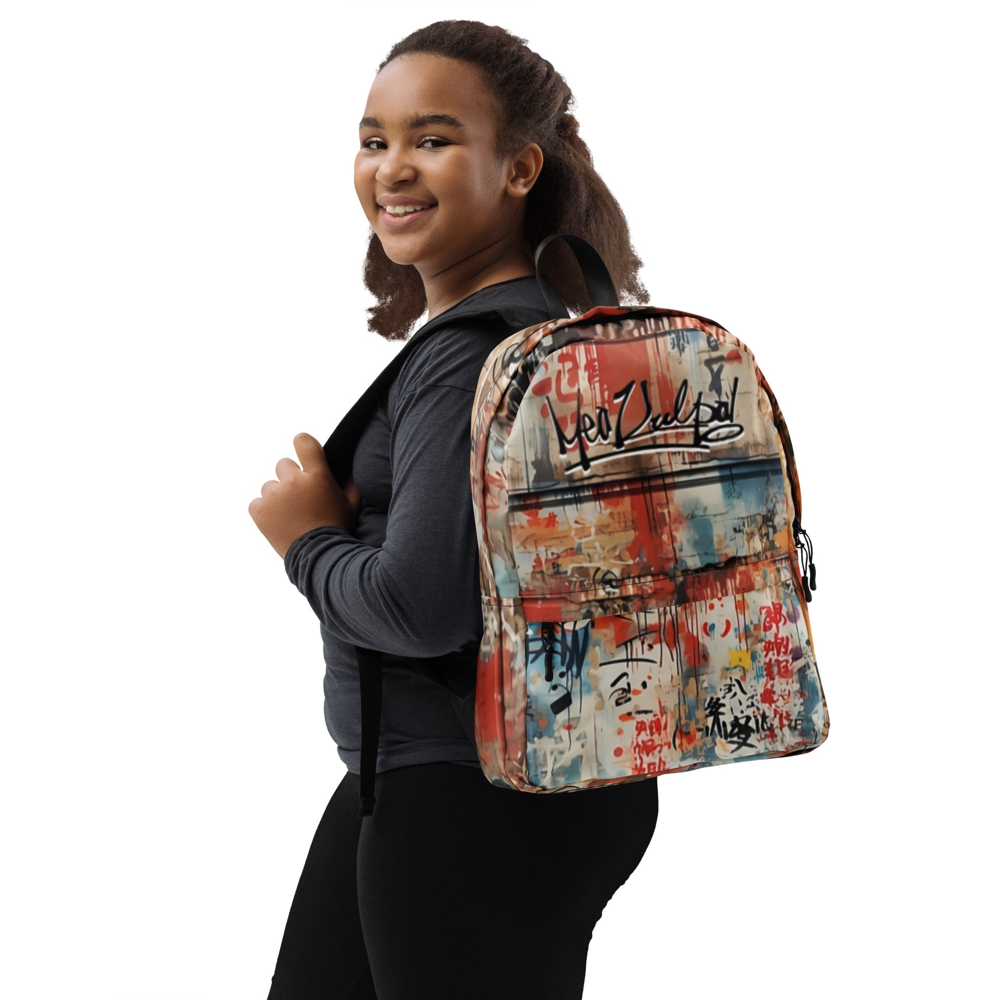 Radiating joy, a happy teenager proudly carries the MeaKulpa Medium Size Backpack. The graffiti design mirrors the exuberance of youth, adding a pop of personality to her ensemble. The backpack, a perfect blend of style and functionality, effortlessly complements the teenager's dynamic and carefree spirit. A delightful embodiment of individuality and on-the-go flair.