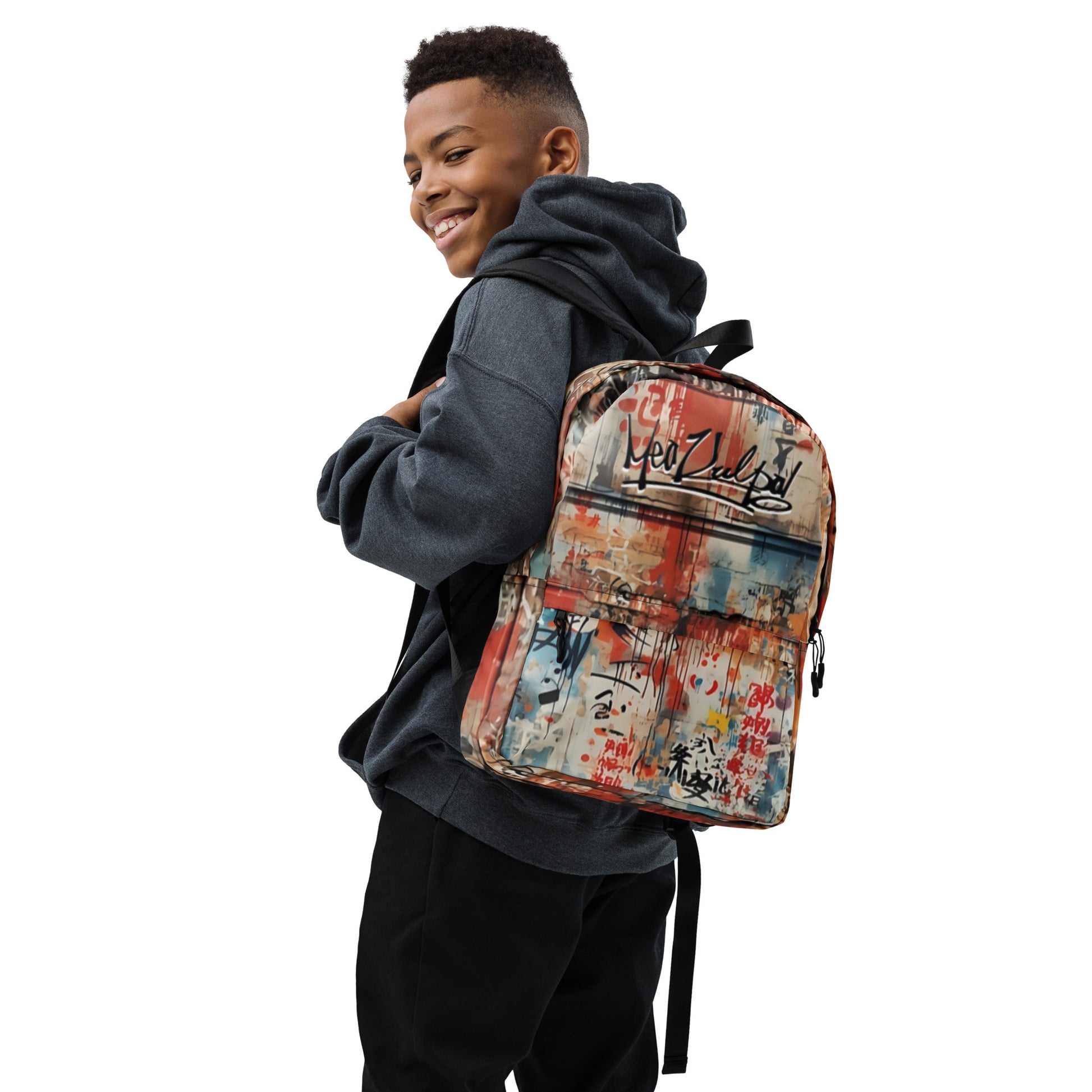 In this snapshot, a teenager effortlessly rocks the MeaKulpa Medium Size Backpack, embodying the epitome of street-style cool. The graffiti design mirrors the vibrant energy of youth, while the backpack's practicality caters to the dynamic needs of a teenager on the move. It's not just a bag; it's a statement of individuality and functionality, perfectly suited for the teen navigating the rhythm of urban life.