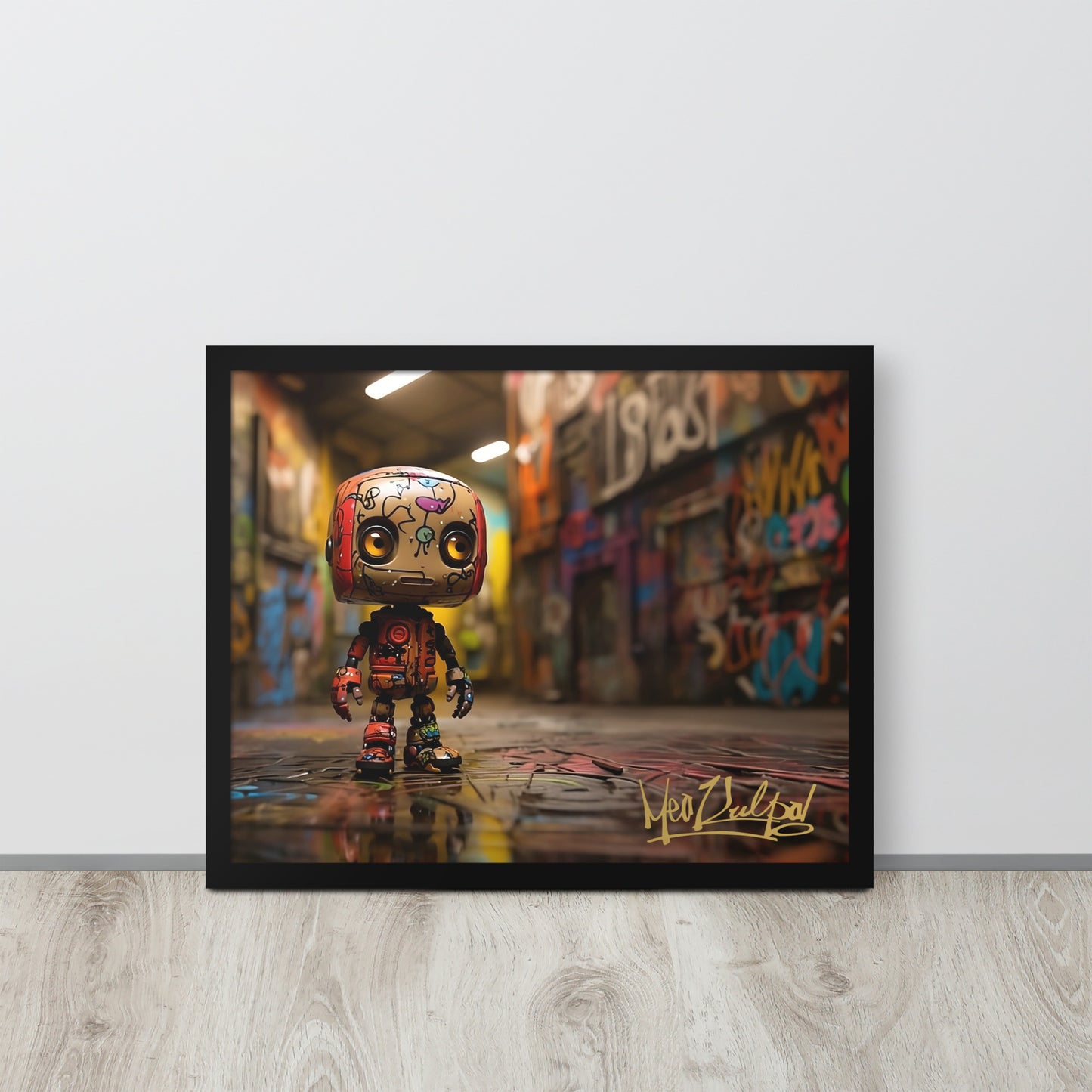 In this striking image, Bad Bot commands attention as it faces right of the camera, creating an aura of rebellious energy. The MeaKulpa logo proudly sits at the bottom right, a testament to the brand's distinct identity. Available in sizes from 8"x10" to 24"x36", this framed picture is not just art; it's a bold proclamation that adds a touch of avant-garde flair to your space.