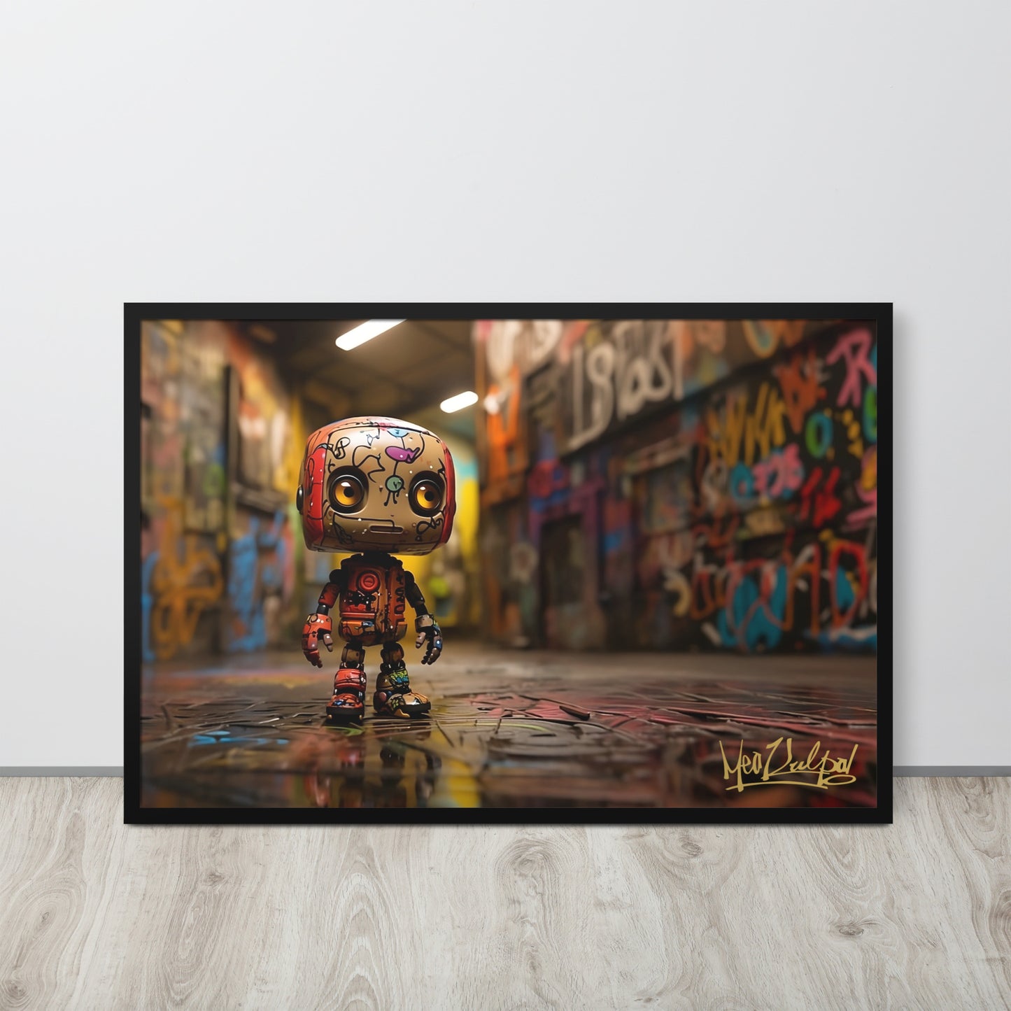 In this striking image, Bad Bot commands attention as it faces right of the camera, creating an aura of rebellious energy. The MeaKulpa logo proudly sits at the bottom right, a testament to the brand's distinct identity. Available in sizes from 8"x10" to 24"x36", this framed picture is not just art; it's a bold proclamation that adds a touch of avant-garde flair to your space.