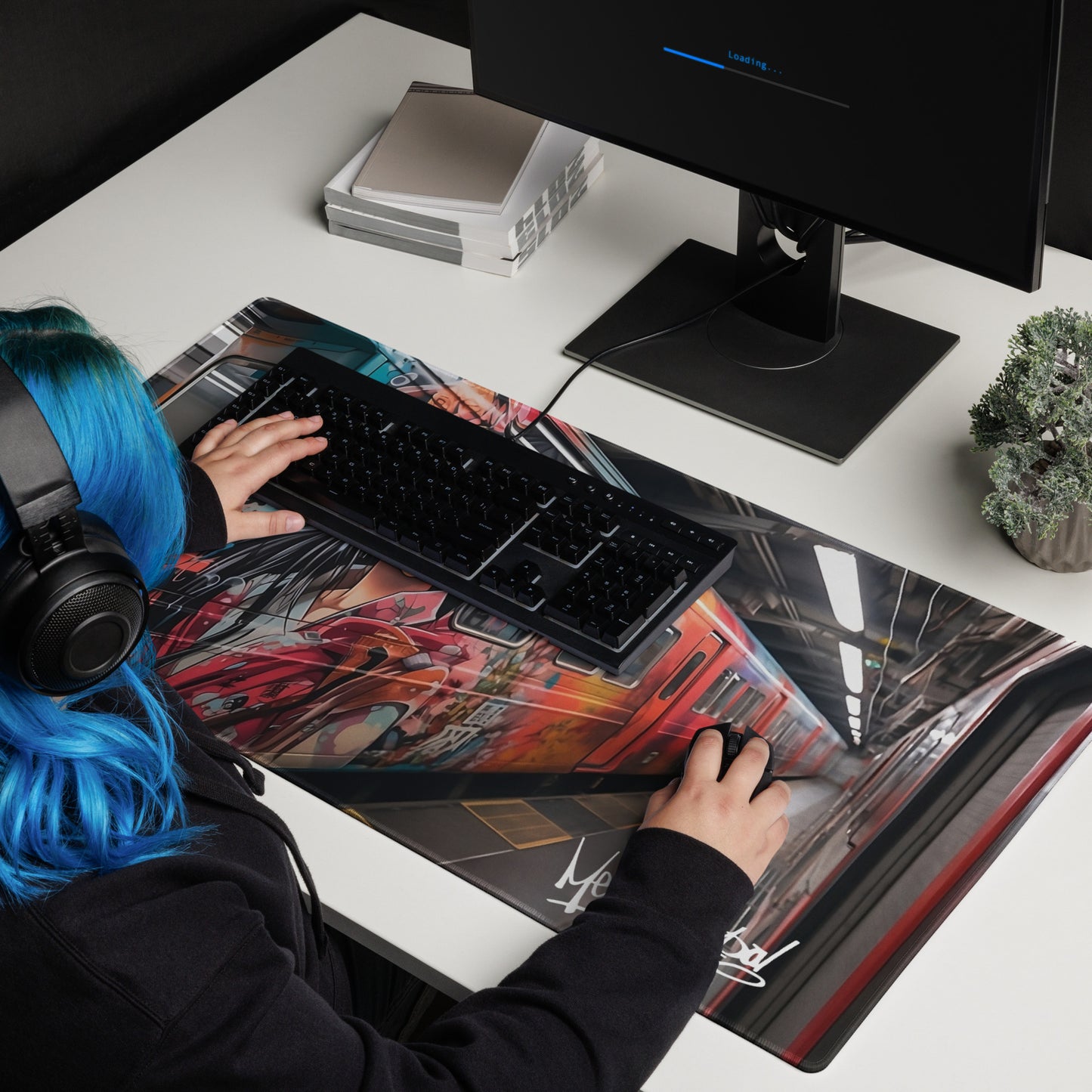 In action, elevate your workspace with the MeaKulpa Train Girl Mouse Pad – a fusion of art and utility. At an expansive size of 36 inches by 18 inches, it's not just a mouse pad; it's a canvas for creativity featuring the time-traveling charm of Train Girl. Transform your desk into a statement of style.