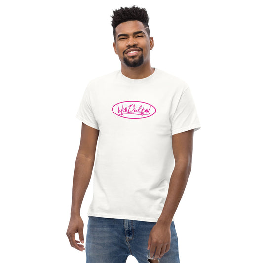 Discover effortless elegance with the MeaKulpa Men's Classic T-shirt in pristine white. The fourth image presents a front view, showcasing the clean lines and sophistication of the pink logo on a white oval. Elevate your casual wardrobe with this timeless piece.