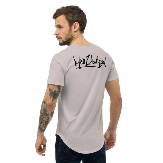 Effortless neutrality is unveiled in the fourth image, showcasing the Cool Grey MeaKulpa Curved Hem Tee Shirt. The black logo on the back adds a subtle contrast, making this tee an easy-to-style essential for any occasion.