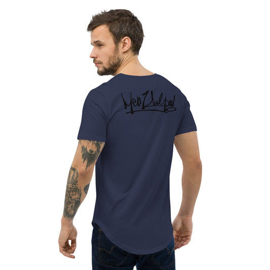 Discover nautical chic in the third image featuring the Navy Blue MeaKulpa Curved Hem Tee Shirt. The logo on the back stands out against the deep blue, offering a timeless and stylish touch to your casual look.