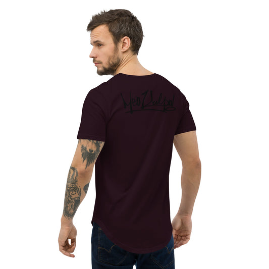 Dive into bold back appeal with the Oxblood Black MeaKulpa Curved Hem Tee Shirt. In the second image, the black logo on the rich oxblood backdrop commands attention. Embrace the allure of dark sophistication with every step.