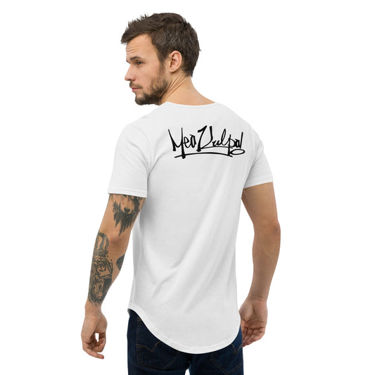 Step into subtle elegance with the MeaKulpa Men's Curved Hem Tee Shirt in white. The first image captures the back view, highlighting the black logo against the pristine white fabric. A discreet yet stylish statement for your casual wardrobe.