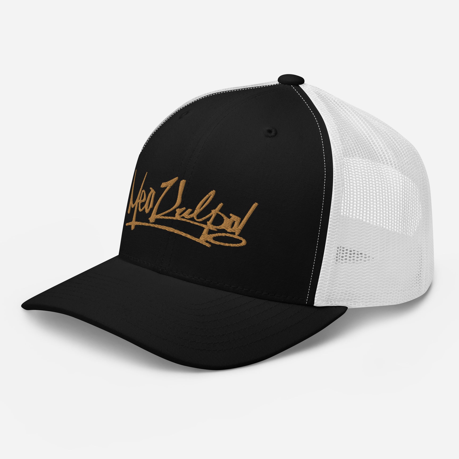 Side Angle - MeaKulpa Trucker Cap in Black and White Explore the sleek profile of the MeaKulpa Trucker Cap. The gold emblem glistens against the black front, while the white mesh back adds a touch of contrast. It's the perfect blend of modern sophistication and vintage charm.