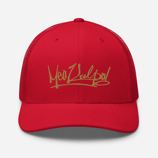 Front View of MeaKulpa Red Trucker Cap with Gold Logo Set the trend with our MeaKulpa Red Trucker Cap. The radiant red front meets elegance with the gold MeaKulpa logo, creating a captivating contrast. This cap is a bold statement piece for those who appreciate style with a touch of flair.