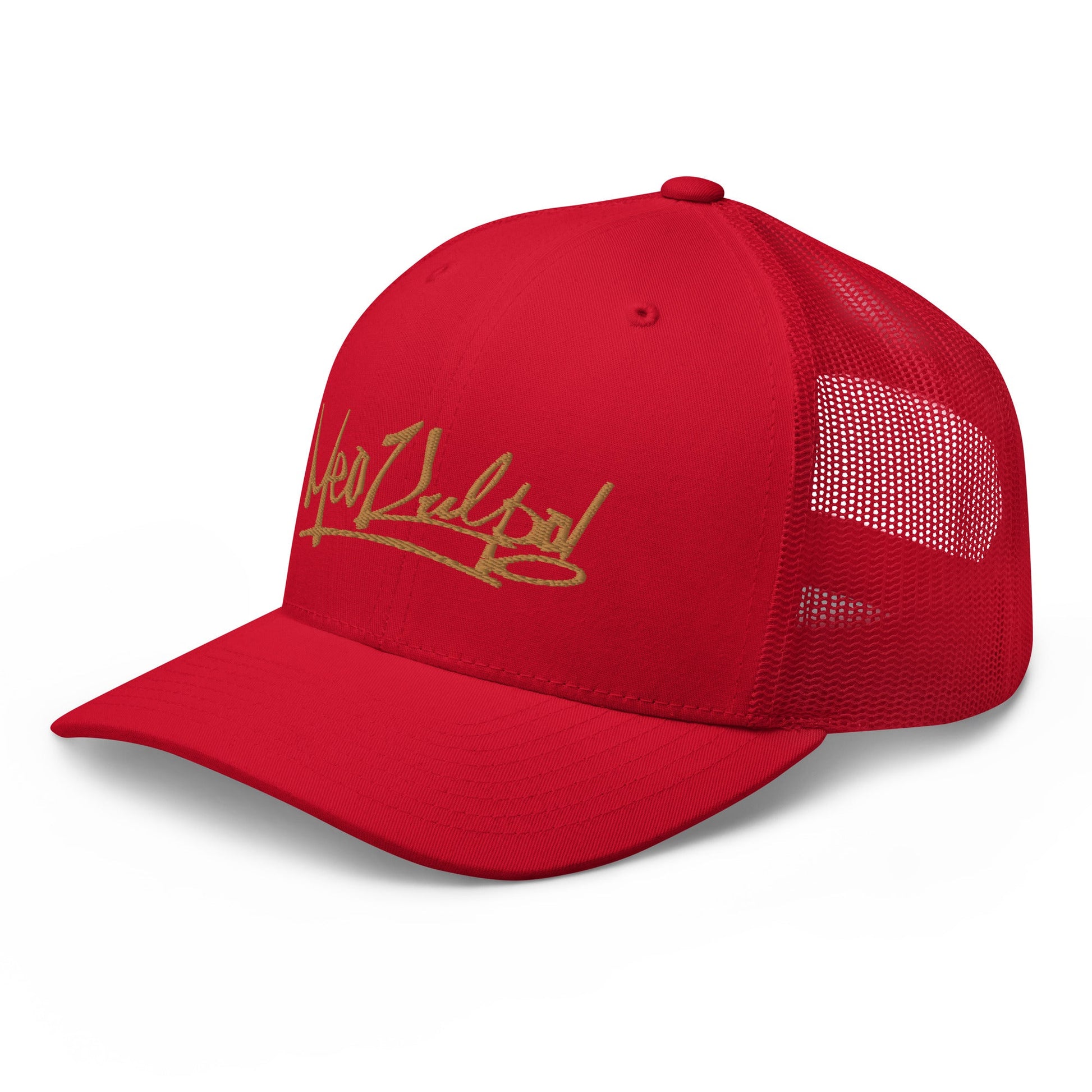 Side Angle - MeaKulpa Red Trucker Cap in Gold Splendor Capture the allure of the MeaKulpa Red Trucker Cap from a side angle. The gold-embodied logo shines against the vibrant red front, while the red mesh back adds a harmonious touch. Embrace sophistication with every turn
