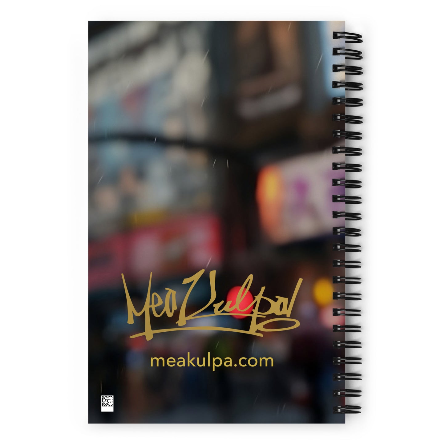  ChatGPT Neon Street Vibes: MeaKulpa Future Girl Spiral Notepad Back Cover  In this mesmerizing image, the back cover of the MeaKulpa Future Girl Spiral Notepad unveils a neon-lit street backdrop, creating an urban ambiance. The street's vibrant energy is delicately blurred, offering a dynamic contrast to the forefront. The gold MeaKulpa OG logo stands boldly against this neon dreamscape, while the meakulpa.com URL adds a touch of digital allure.