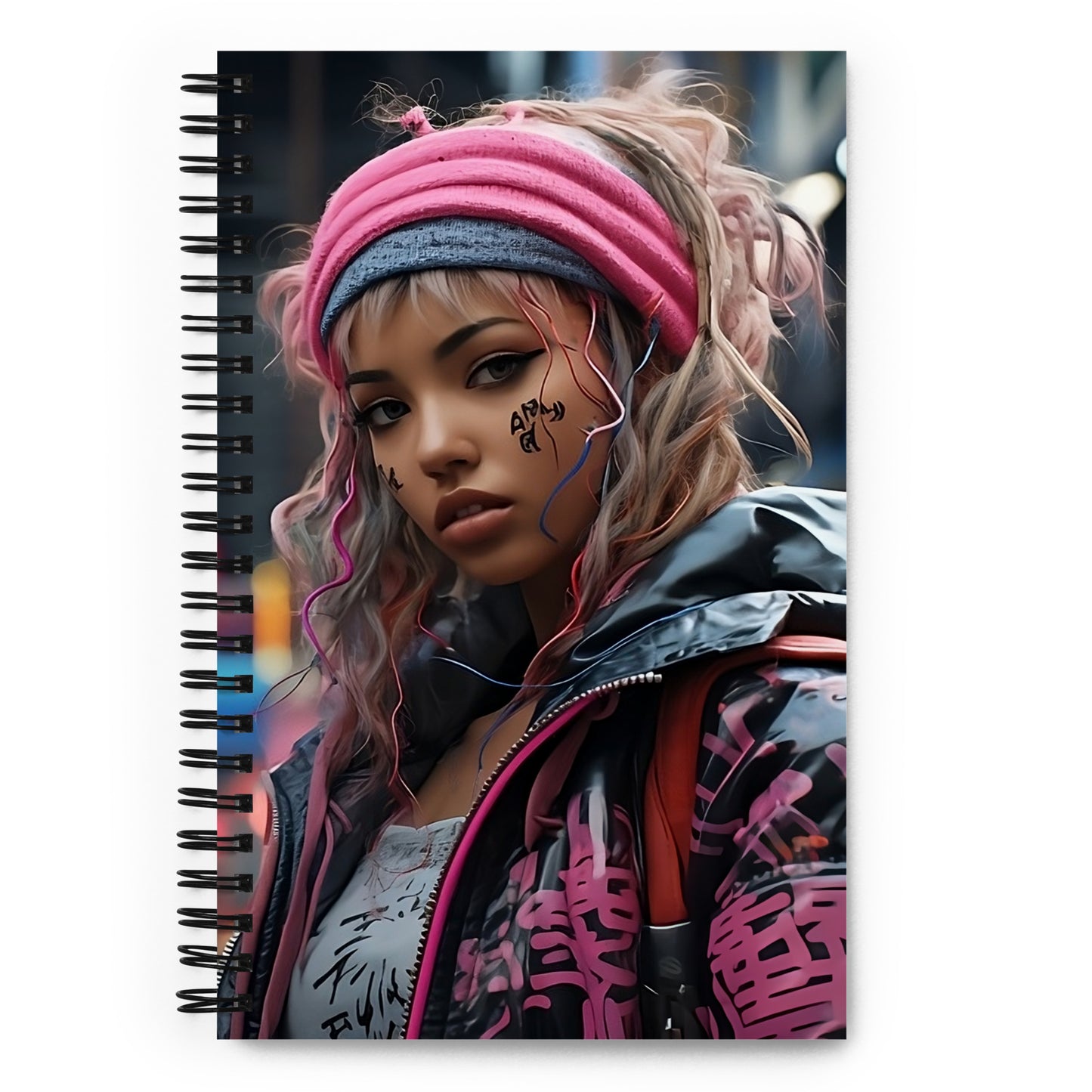 ChatGPT Future Girl Presence: MeaKulpa Spiral Notepad Cover In this captivating image, the front cover of the MeaKulpa Future Girl Spiral Notepad takes the spotlight, showcasing the enchanting presence of Future Girl. The soft-touch coating enhances the tactile experience, inviting you to explore the artistic world within.