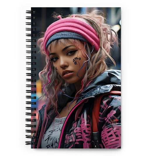 ChatGPT Future Girl Presence: MeaKulpa Spiral Notepad Cover  In this captivating image, the front cover of the MeaKulpa Future Girl Spiral Notepad takes the spotlight, showcasing the enchanting presence of Future Girl. The soft-touch coating enhances the tactile experience, inviting you to explore the artistic world within.