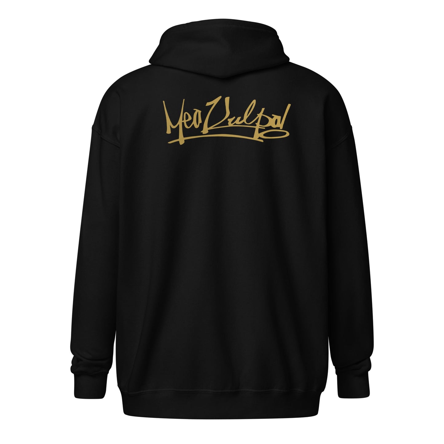 Explore the essence of understated elegance in the image showcasing the MeaKulpa Gold Logo Zip-Up Hoodie. From the front, the small OG logo in gold subtly graces the heart, setting the tone for the refined style within. Turn your gaze to the back, and witness the bold statement made by the larger gold OG logo. This hoodie is more than an apparel choice; it's a symbol of comfort, sophistication, and the distinct MeaKulpa commitment to fashion excellence. 