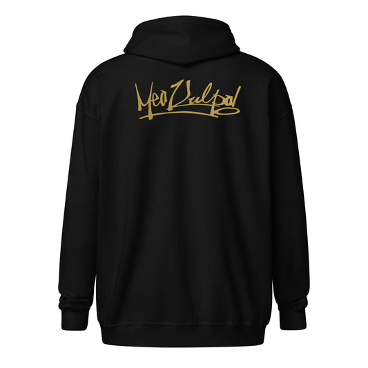 Explore the essence of understated elegance in the image showcasing the MeaKulpa Gold Logo Zip-Up Hoodie. From the front, the small OG logo in gold subtly graces the heart, setting the tone for the refined style within. Turn your gaze to the back, and witness the bold statement made by the larger gold OG logo. This hoodie is more than an apparel choice; it's a symbol of comfort, sophistication, and the distinct MeaKulpa commitment to fashion excellence.