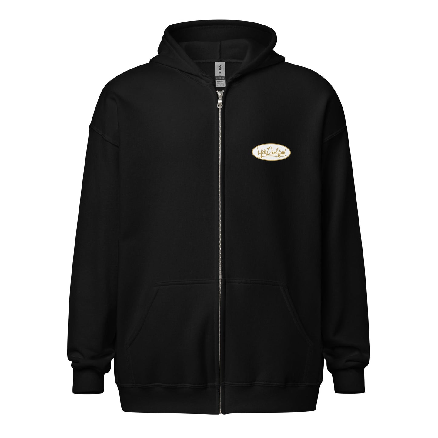 Explore the essence of understated elegance in the image showcasing the MeaKulpa Gold Logo Zip-Up Hoodie. From the front, the small OG logo in gold subtly graces the heart, setting the tone for the refined style within. Turn your gaze to the back, and witness the bold statement made by the larger gold OG logo. This hoodie is more than an apparel choice; it's a symbol of comfort, sophistication, and the distinct MeaKulpa commitment to fashion excellence. 