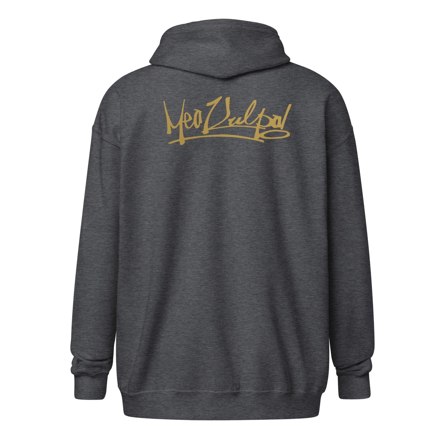 Explore the essence of understated elegance in the image showcasing the MeaKulpa Gold Logo Zip-Up Hoodie. From the front, the small OG logo in gold subtly graces the heart, setting the tone for the refined style within. Turn your gaze to the back, and witness the bold statement made by the larger gold OG logo. This hoodie is more than an apparel choice; it's a symbol of comfort, sophistication, and the distinct MeaKulpa commitment to fashion excellence.