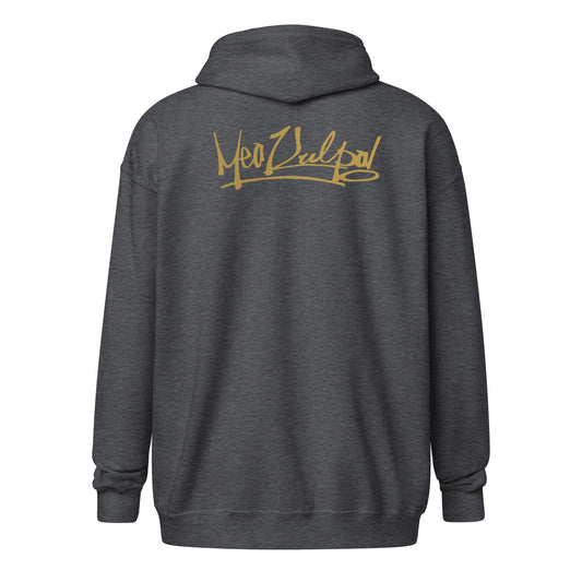 Explore the essence of understated elegance in the image showcasing the MeaKulpa Gold Logo Zip-Up Hoodie. From the front, the small OG logo in gold subtly graces the heart, setting the tone for the refined style within. Turn your gaze to the back, and witness the bold statement made by the larger gold OG logo. This hoodie is more than an apparel choice; it's a symbol of comfort, sophistication, and the distinct MeaKulpa commitment to fashion excellence.