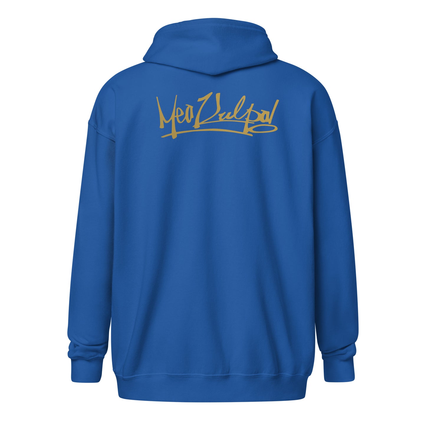 Explore the essence of understated elegance in the image showcasing the MeaKulpa Gold Logo Zip-Up Hoodie. From the front, the small OG logo in gold subtly graces the heart, setting the tone for the refined style within. Turn your gaze to the back, and witness the bold statement made by the larger gold OG logo. This hoodie is more than an apparel choice; it's a symbol of comfort, sophistication, and the distinct MeaKulpa commitment to fashion excellence.