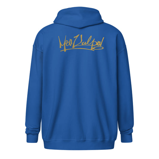 Explore the essence of understated elegance in the image showcasing the MeaKulpa Gold Logo Zip-Up Hoodie. From the front, the small OG logo in gold subtly graces the heart, setting the tone for the refined style within. Turn your gaze to the back, and witness the bold statement made by the larger gold OG logo. This hoodie is more than an apparel choice; it's a symbol of comfort, sophistication, and the distinct MeaKulpa commitment to fashion excellence.