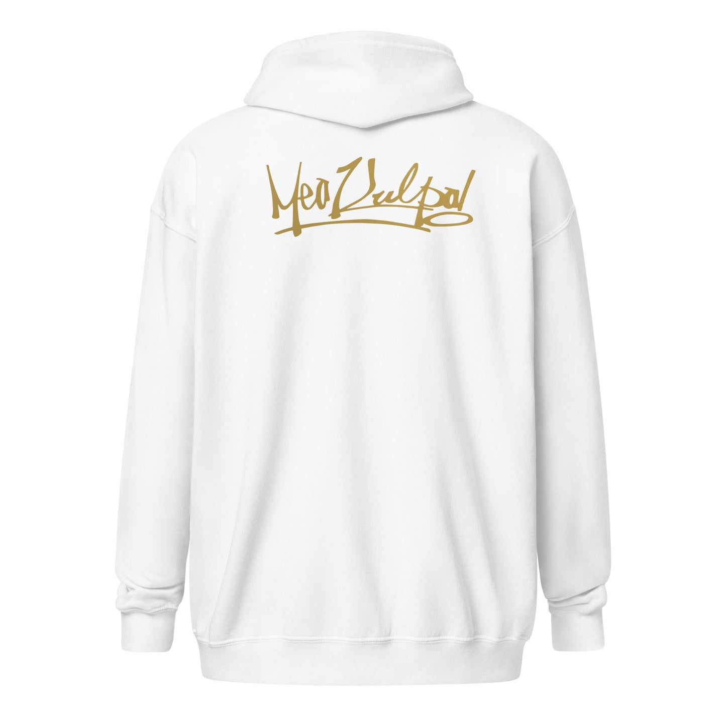Explore the essence of understated elegance in the image showcasing the MeaKulpa Gold Logo Zip-Up Hoodie. From the front, the small OG logo in gold subtly graces the heart, setting the tone for the refined style within. Turn your gaze to the back, and witness the bold statement made by the larger gold OG logo. This hoodie is more than an apparel choice; it's a symbol of comfort, sophistication, and the distinct MeaKulpa commitment to fashion excellence.