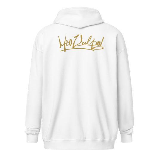 Explore the essence of understated elegance in the image showcasing the MeaKulpa Gold Logo Zip-Up Hoodie. From the front, the small OG logo in gold subtly graces the heart, setting the tone for the refined style within. Turn your gaze to the back, and witness the bold statement made by the larger gold OG logo. This hoodie is more than an apparel choice; it's a symbol of comfort, sophistication, and the distinct MeaKulpa commitment to fashion excellence.