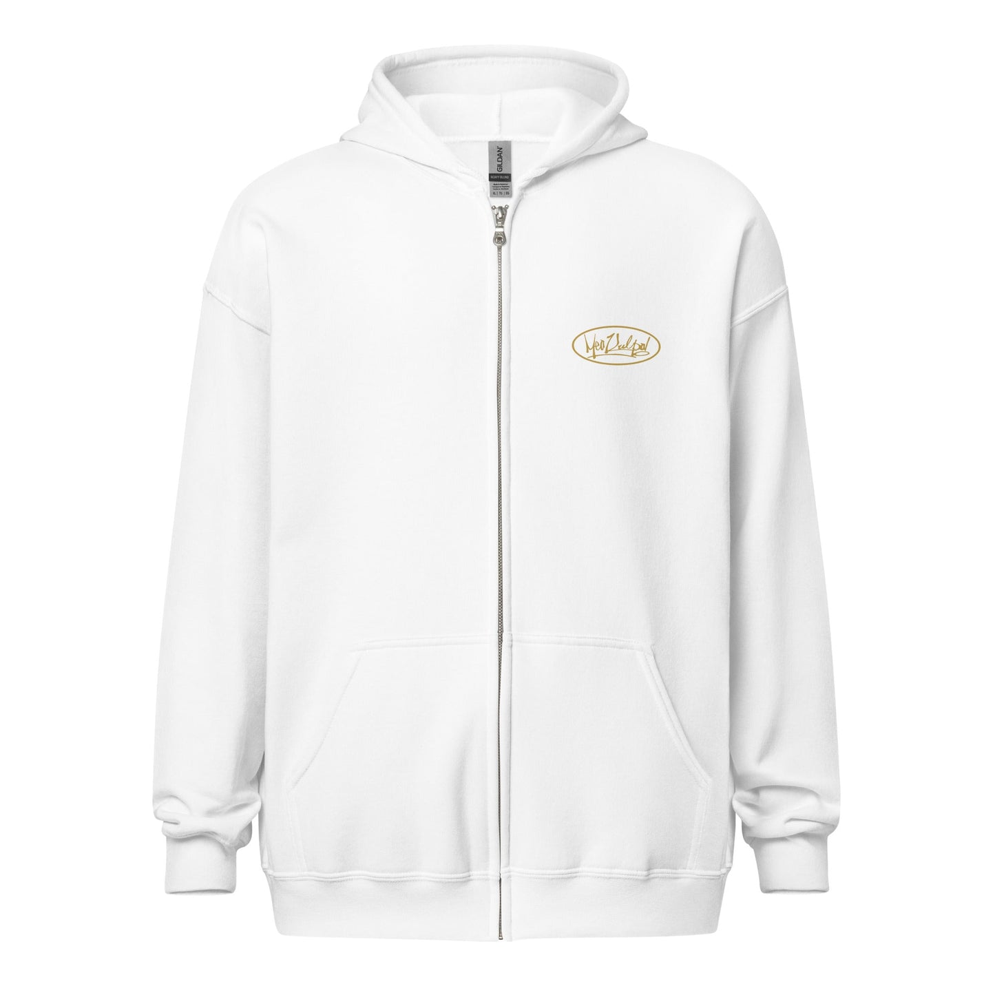 Explore the essence of understated elegance in the image showcasing the MeaKulpa Gold Logo Zip-Up Hoodie. From the front, the small OG logo in gold subtly graces the heart, setting the tone for the refined style within. Turn your gaze to the back, and witness the bold statement made by the larger gold OG logo. This hoodie is more than an apparel choice; it's a symbol of comfort, sophistication, and the distinct MeaKulpa commitment to fashion excellence.