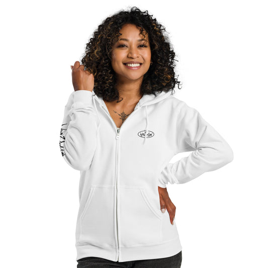 MeaKulpa Premium Comfy White ZIP Hoodie "Arm Logo"