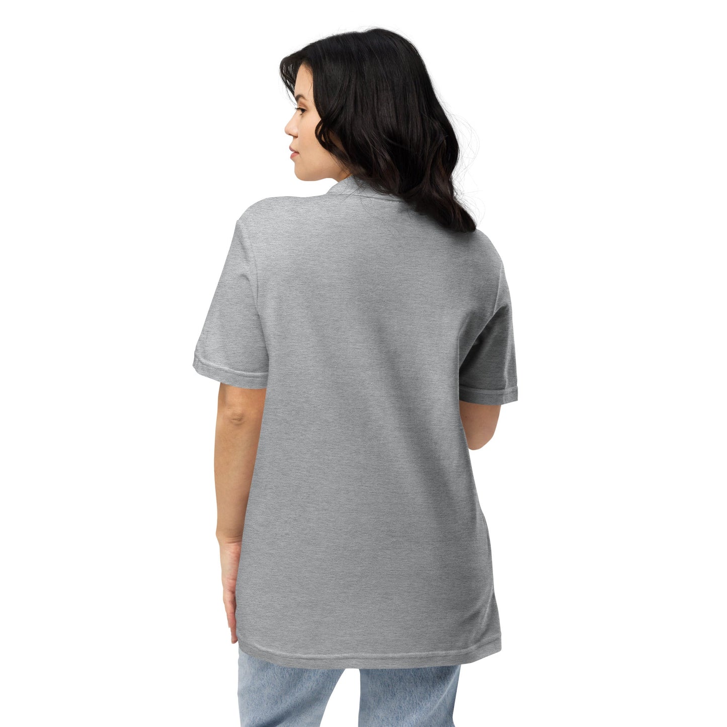 Elevate your everyday look with the MeaKulpa Unisex Pique Polo Shirt in Grey. Crafted from premium ring-spun cotton, this shirt offers both comfort and durability. Its semi-fitted silhouette and side-seamed construction ensure a flattering fit, while the dyed-to-match buttons add a polished finish. Whether you're running errands or grabbing coffee with friends, this versatile grey polo is a wardrobe essential. Back shot photo
