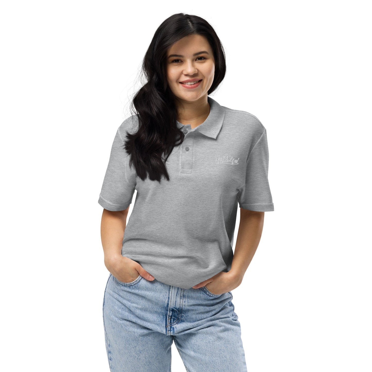 Happy girl wearing polo - Elevate your everyday look with the MeaKulpa Unisex Pique Polo Shirt in Grey. Crafted from premium ring-spun cotton, this shirt offers both comfort and durability. Its semi-fitted silhouette and side-seamed construction ensure a flattering fit, while the dyed-to-match buttons add a polished finish. Whether you're running errands or grabbing coffee with friends, this versatile grey polo is a wardrobe essential.