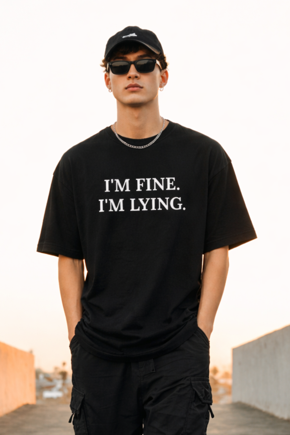 Person wearing a black t-shirt with 'I'm fine. I'm lying.' text, standing outdoors.