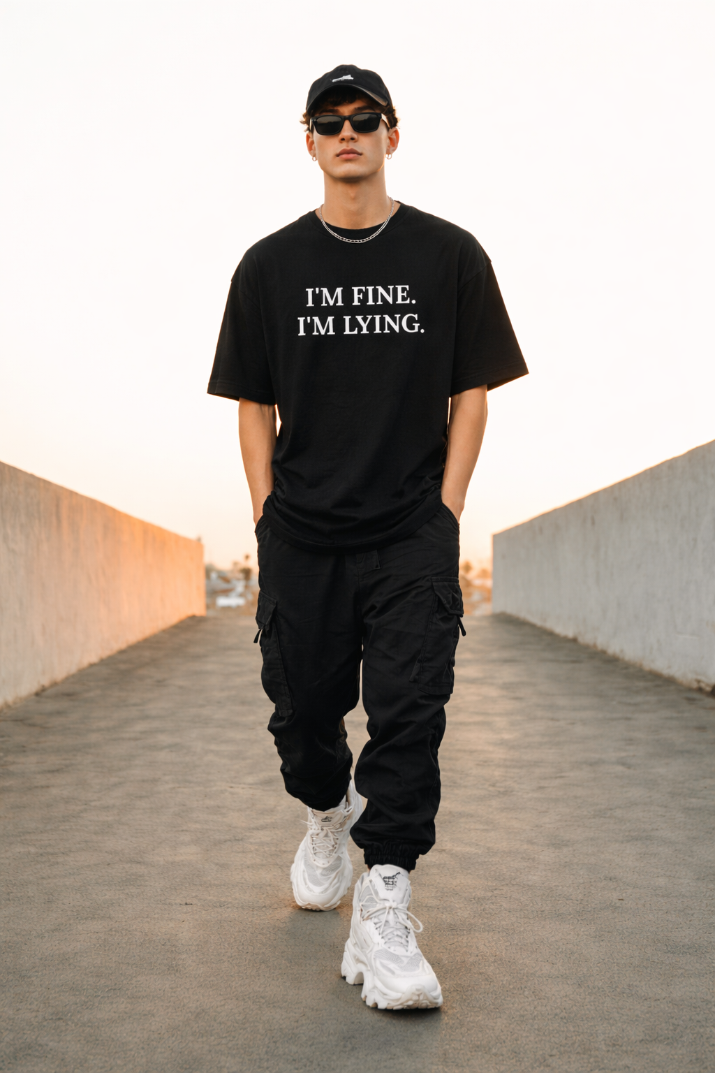 Gen Z preson wearing a black t-shirt with text I'M FINE. I'M LYING., black pants, and white sneakers on a concrete pathway.