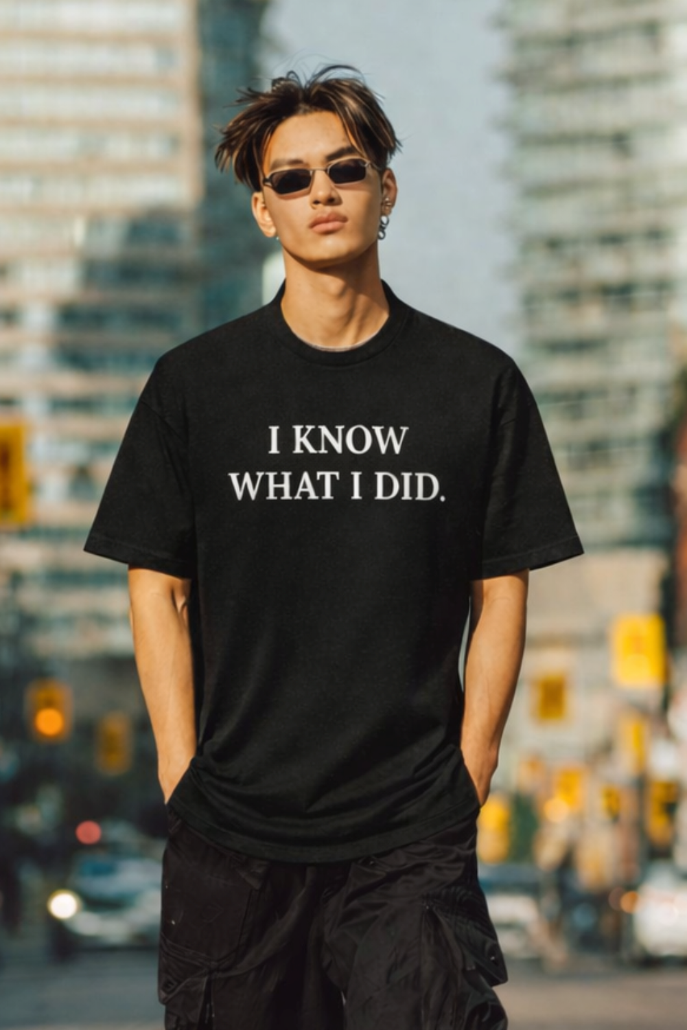 Person wearing a black t-shirt with 'I KNOW WHAT I DID' text in an urban setting