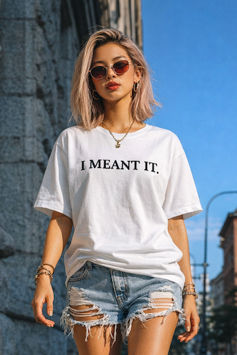 Woman wearing a white t-shirt with 'I MEANT IT.' text in an urban setting