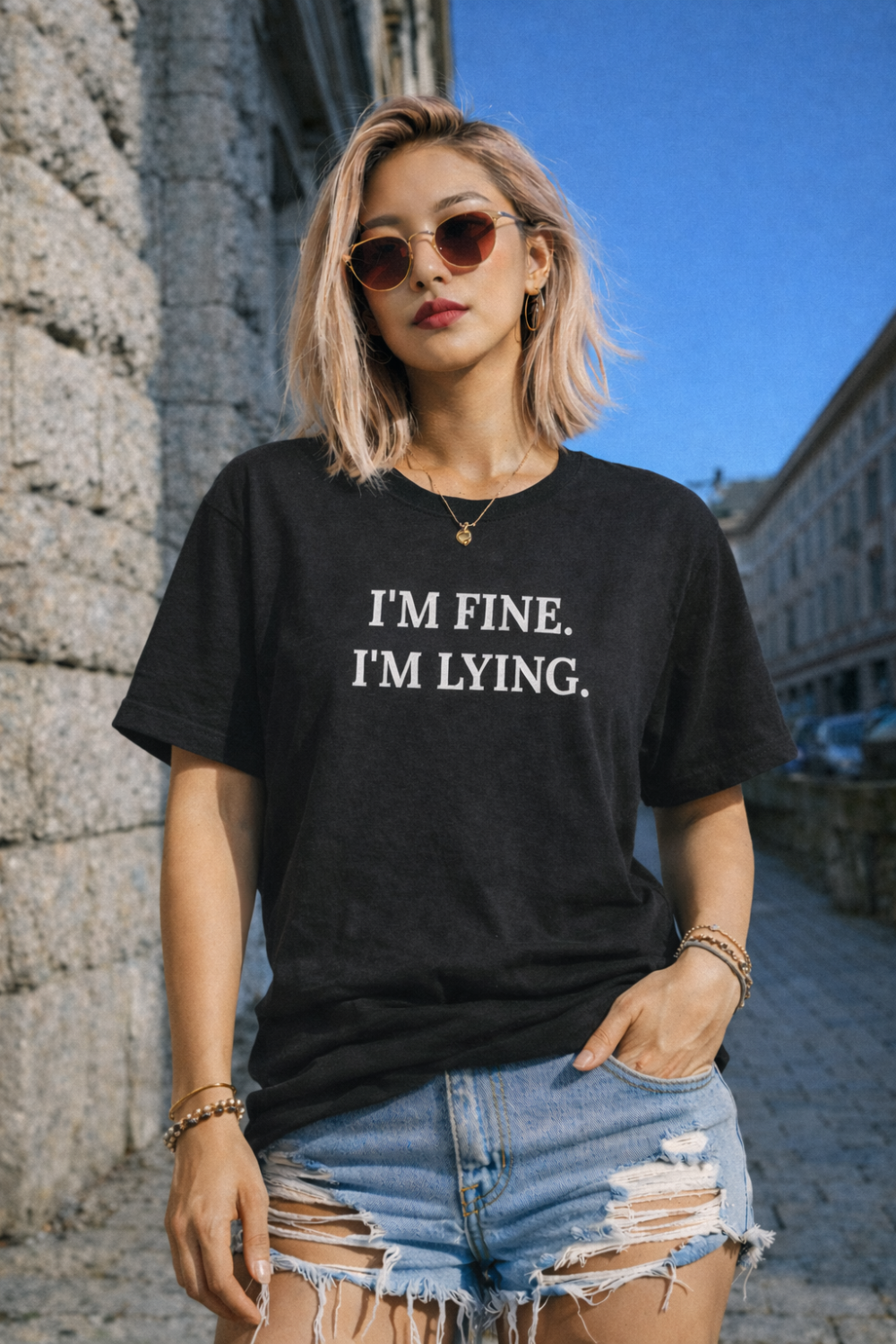 Woman wearing a black t-shirt with 'I'm fine. I'm lying.' text in an urban setting.