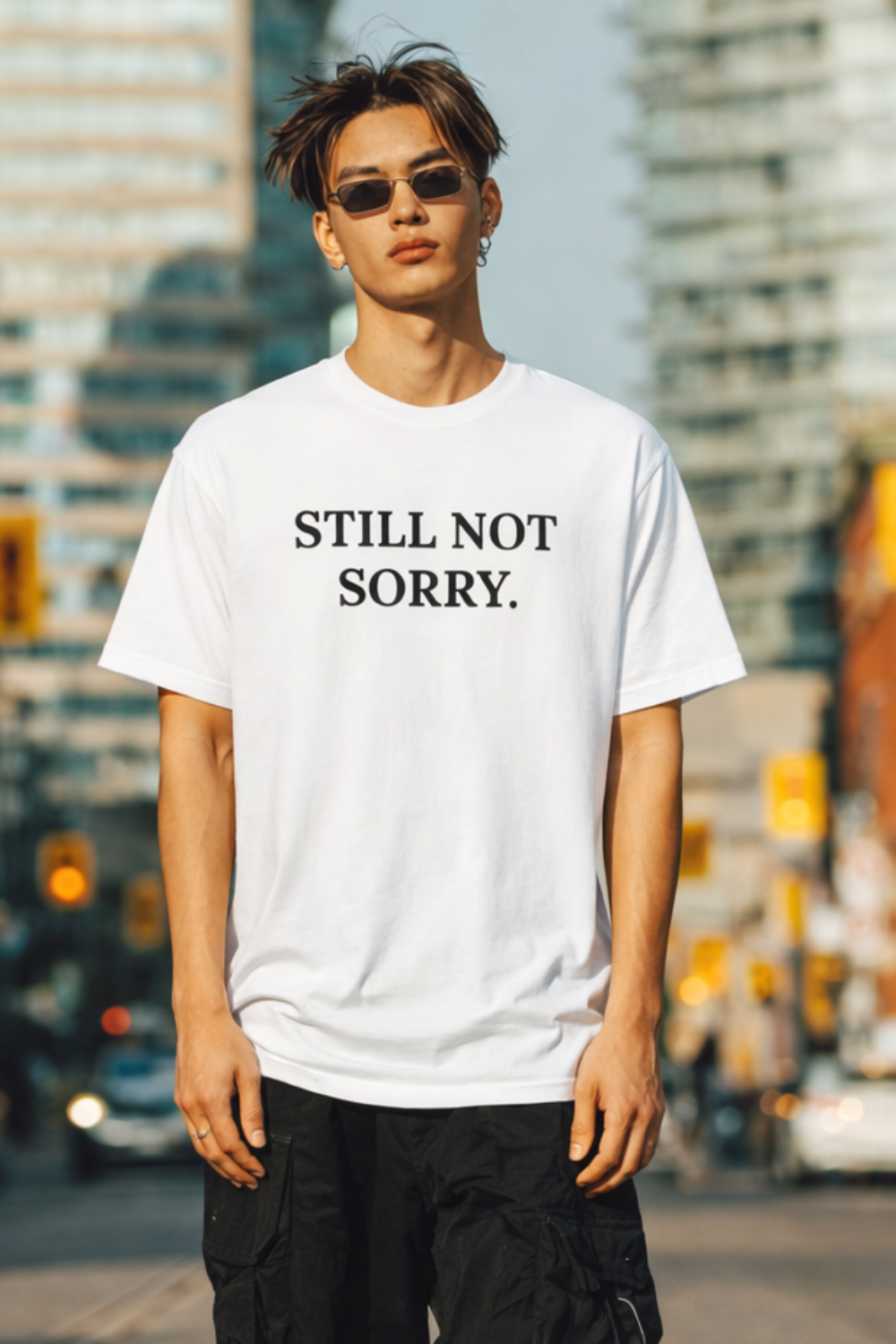 Gen Z man wearing a white t-shirt with 'STILL NOT SORRY.' text in an urban setting