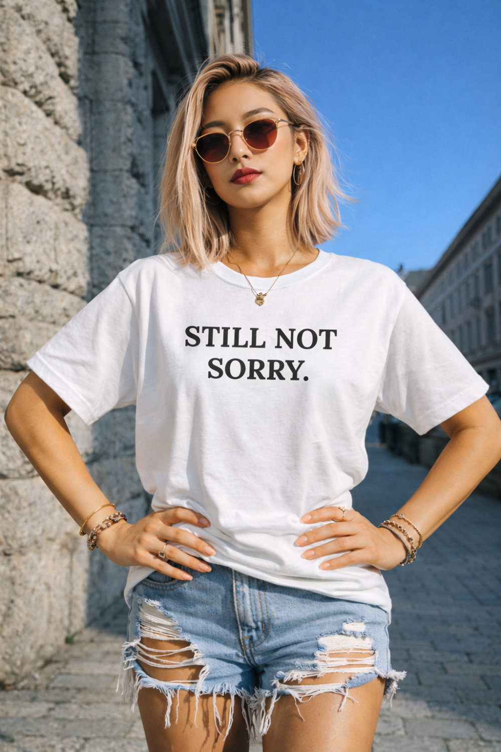 Gen Z Woman wearing a white t-shirt with 'STILL NOT SORRY.' text, standing outdoors.