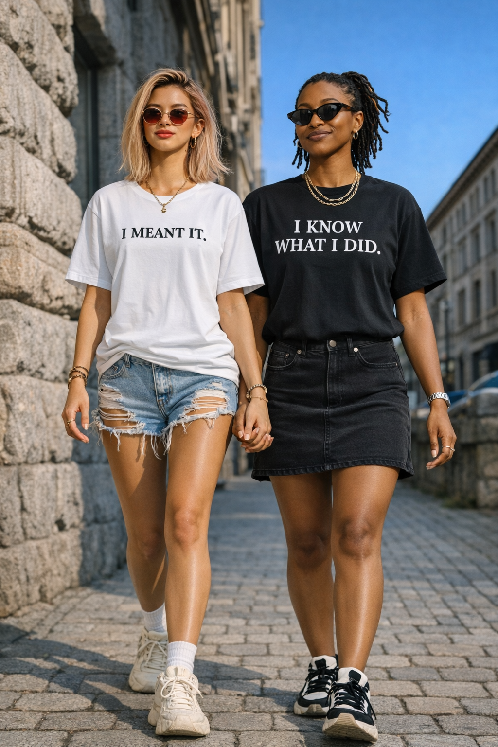 Two girls holding hands walking on a street, wearing t-shirts with unapolagetic text.