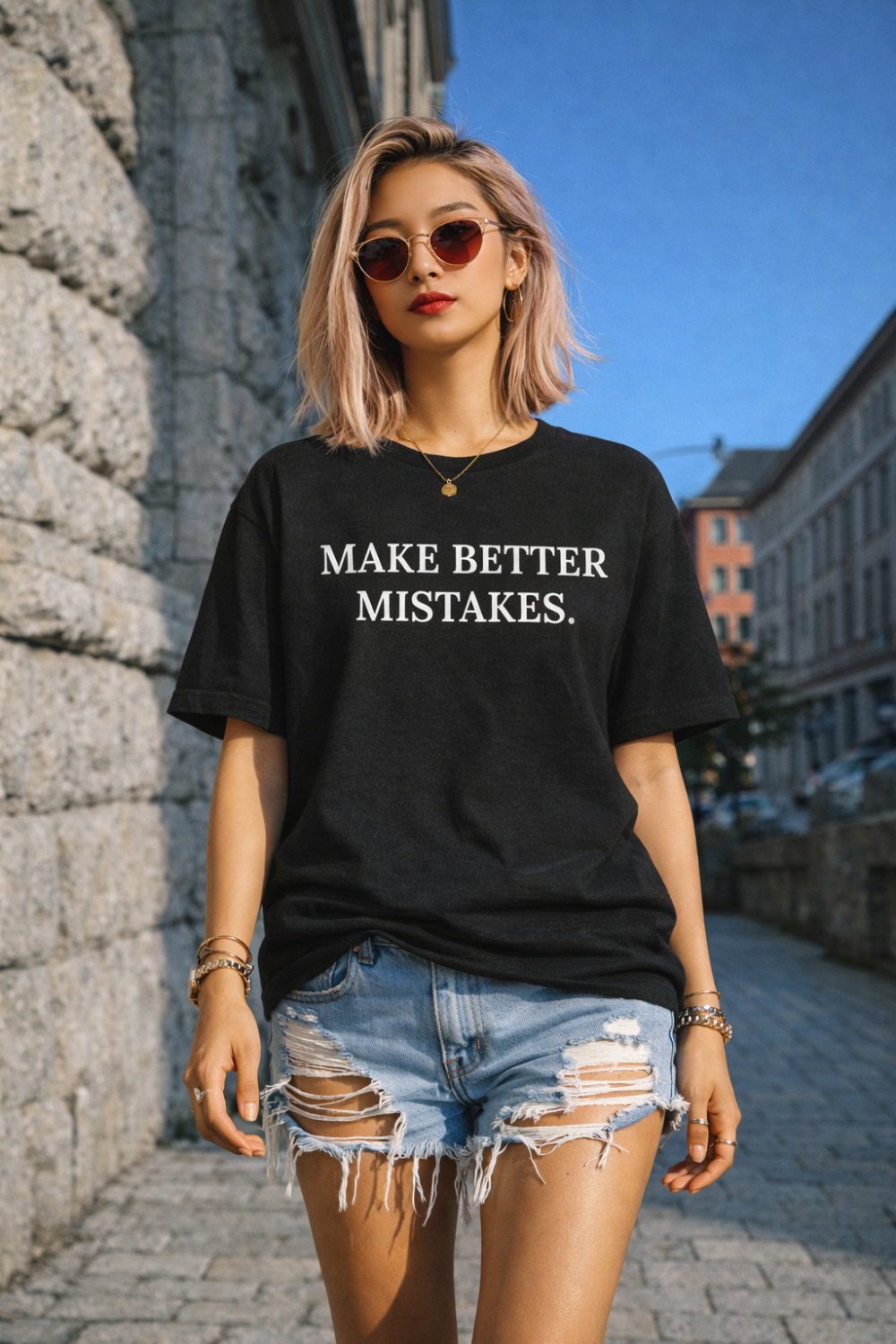 Woman wearing a black t-shirt with 'MAKE BETTER MISTAKES.' text in an urban setting.